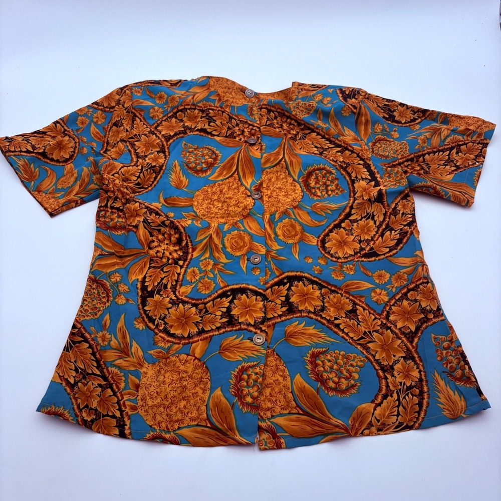 Esprit Collection Vintage 90s Blue Orange Floral Back Button Blouse Small